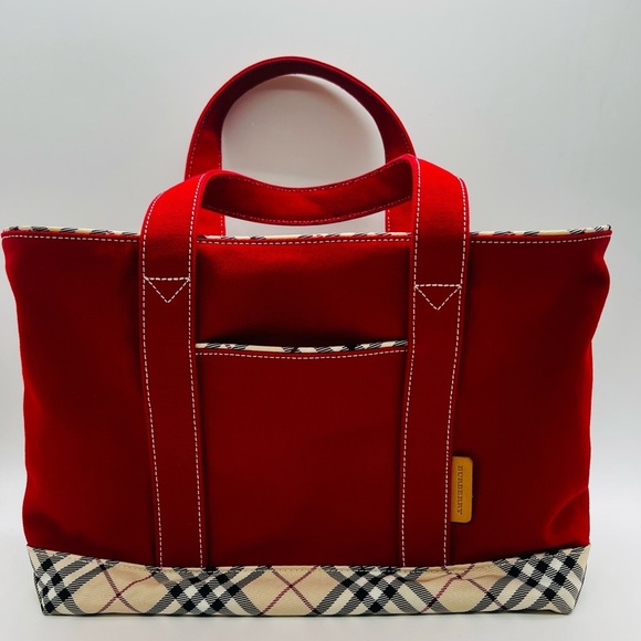 Burberry Red Canvas Tote with Plaid Accents and Top Zipper - Picture 2 of 16